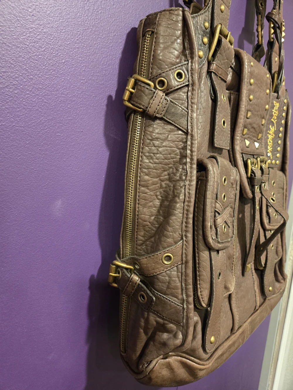 Betsey Johnson Brown Stud-Embellished Leather Shoulder Bag